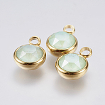 K9 Glass Pendants, with 304 Stainless Steel Findings, Ion Plating (IP), Faceted, Flat Round, Golden, Light Green, 13.5x10x6mm, Hole: 2.5mm(X-STAS-F139-003G-08)