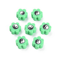 Handmade Polymer Clay Beads, for DIY Jewelry Crafts Supplies, Flower with Yinyang, Medium Spring Green, 8~9x7.5~8.5x4~4.5mm, Hole: 1.6~1.8mm(CLAY-N008-027H)