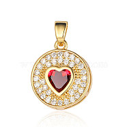 Brass Micro Pave Cubic Zirconia Pendants, Flat Round with Heart Charms, Real 18K Gold Plated, Red, 16x14x4.1mm(ZIRC-OY001-02G)