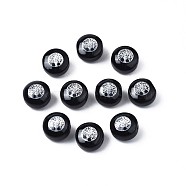 Handmade Lampwork Beads, with Platinum Plated Brass Embellishments, Flat Round with Tree, Black, 8x5mm, Hole: 0.8mm(LAMP-N030-001-05)