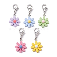 Opaque Resin Daisy Flower Pendant Decorations, with Zinc Alloy Lobster Claw Clasps, Mixed Color, 49mm(HJEW-JM01350)