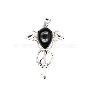 Natural Obsidian Teardrop Pendants, Platinum Tone Brass Key Scepter Wing Charms, 45x35x9mm(PW-WG60016-06)