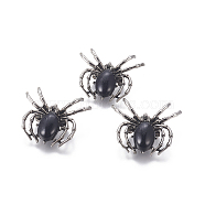 Natural Black Agate Brooch, with Alloy Findings and Glass, Spider, Antique Silver, 34~35x41~42x7mm, Hole: 3x5mm(G-A176-C05-1)