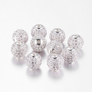 Brass Cubic Zirconia Beads, Round, Silver Color Plated, 10mm, Hole: 2mm(ZIRC-D003-2S)