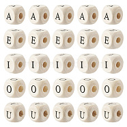 250Pcs 5 Styles Printed Natural Schima Wood Beads, Horizontal Hole, Cube with Initial Letter A, U, I, O, U, Lead Free, PapayaWhip, 12x12x12mm, 50pcs/Style(WOOD-KS0001-23)
