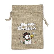 Christmas Printed Burlap Packing Pouches Drawstring Bags, Rectangle, Tan, Snowman, 14x10x0.01cm(ABAG-Q053-02A-01)