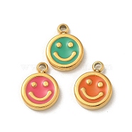 Ion Plating(IP) 304 Stainless Steel Enamel Charms, Real 14K Gold Plated, Flat Round with Smiling Face Charm, Mixed Color, 8x6x1.5mm, Hole: 1mm(STAS-G351-02G)