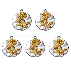 304 Stainless Steel Pendants, Flat Round with Rose Charms, Real Gold Plated & Stainless Steel Color, 21x18x2.5mm, Hole: 2.5mm, 5pcs/set(STAS-SZ0003-52B)