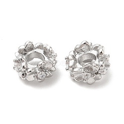 Brass Pave Clear Cubic Zirconia Spacer Beads, Flower, Real Platinum Plated, 7x4.5mm, Hole: 2.6mm(X-KK-K333-31P)