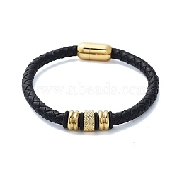 Men's Braided Black PU Leather Cord Bracelets, Column 304 Stainless Steel Link Bracelets with Magnetic Clasps, Golden, 8-1/2x3/8 inch(21.5x1cm)(BJEW-K243-64G)