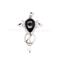 Natural Obsidian Teardrop Pendants, Platinum Tone Brass Key Scepter Wing Charms, 45x35x9mm(PW-WG60016-06)