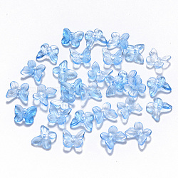 Transparent Spray Painted Glass Charms, with Glitter Powder, Butterfly, Light Sky Blue, 9.5x11x3mm, Hole: 0.8mm(X-GLAA-T016-21A)