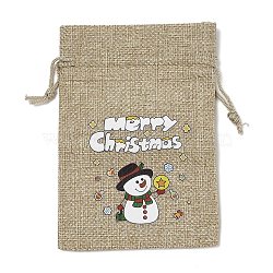 Christmas Printed Burlap Packing Pouches Drawstring Bags, Rectangle, Tan, Snowman, 14x10x0.01cm(ABAG-Q053-02A-01)