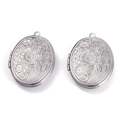 316 Stainless Steel Locket Pendants, Photo Frame Charms, Oval with Sakura, Stainless Steel Color, 33.5x23.5x6mm, Hole: 1.8mm, Inner Diameter: 23x16mm(X-STAS-O132-02P)