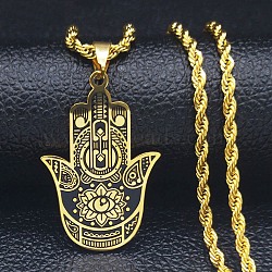 304 Stainless Steel Enamel Necklaces, Hamsa Hand with Eye, Golden, 24.02 inch(61cm)(NJEW-Q338-02G)