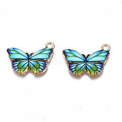 Printed Alloy Pendants, Cadmium Free & Nickel Free & Lead Free, Light Gold, Butterfly, Dark Turquoise, 15x20x1.5mm, Hole: 1.8mm(PALLOY-N168-004J)