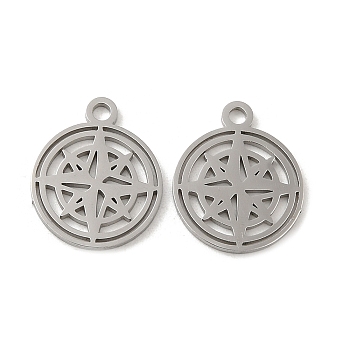 304 Stainless Steel Charms, Laser Cut, Flat Round with Star Charm, Stainless Steel Color, 14.5x12x1mm, Hole: 1.5mm