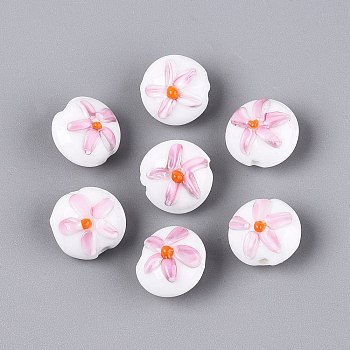 Handmade Lampwork Beads, Flat Round with Flower Pattern, White, 14~15x10~12mm, Hole: 0.8~1.2mm