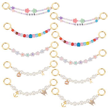 Acrylic & Glass Seed Beaded Sandal Shoe Decoration Sets with Zinc Alloy Swivel Clasps, Imitation Pearl Chain with Anchor/Shell Charm, Flower & Cube Chain, Word LOVE Double Strand Chain, Mixed Color, 195~200mm, 5 style, 1pc/style, 5pcs/set