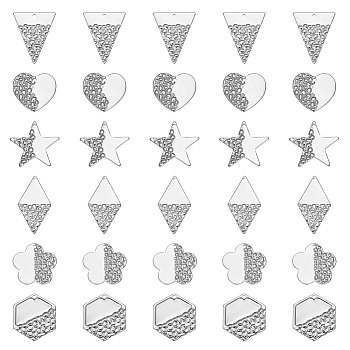 Unicraftale 48Pcs 6 Style Ion Plating(IP) 304 Stainless Steel Pendants, Heart & Hexagon & Rhombus & Star, Stainless Steel Color, 21~32x18~26x1mm, Hole: 1.4~1.6mm, 8pcs/style