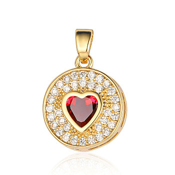 Brass Micro Pave Cubic Zirconia Pendants, Flat Round with Heart Charms, Real 18K Gold Plated, Red, 16x14x4.1mm