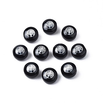 Handmade Lampwork Beads, with Platinum Plated Brass Embellishments, Flat Round with Tree, Black, 8x5mm, Hole: 0.8mm