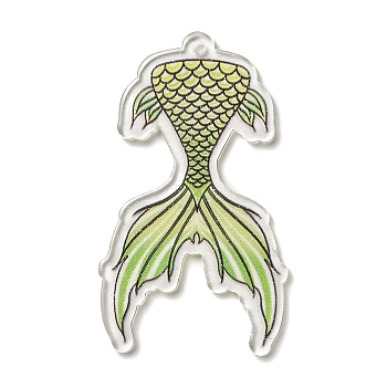 Printed Transparent Acrylic Pendants, Mermaid Tails, Yellow Green, 56.5x33x2mm, Hole: 2mm
