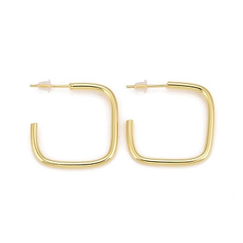 Rack Plating Brass Square Shape Stud Earrings, Half Hoop Earrings for Women, Lead Free & Cadmium Free, Real 18K Gold Plated, 25x25.5x2mm, Pin: 0.7mm