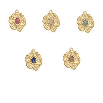 304 Stainless Steel & Natural Gemstone Beaded Pendants, Flower Charm, Ion Plating(IP), 25x24mm