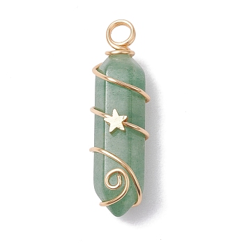 Natural Green Aventurine Double Terminal Pointed Pendants, Faceted Bullet Charms with Star Copper Wire Wrapped, Light Gold, 36~37x10~10.5x11mm, Hole: 3.5mm