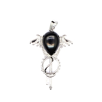 Natural Obsidian Teardrop Pendants, Platinum Tone Brass Key Scepter Wing Charms, 45x35x9mm