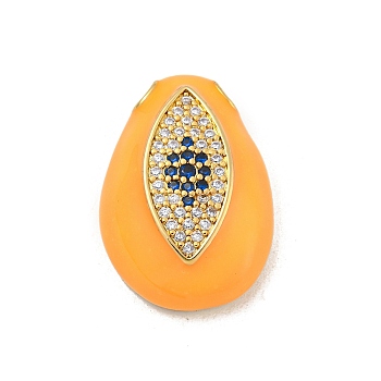 Rack Plating Brass Micro Pave Cubic Zirconia Pendants, Long-Lasting Plated, Cadmium Free & Lead Free, with Enamel, Teardrop with Eye, Real 18K Gold Plated, Orange, 22x15x6.7mm, Hole: 2.5x2.5mm