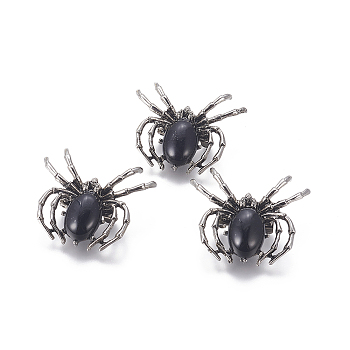 Natural Black Agate Brooch, with Alloy Findings and Glass, Spider, Antique Silver, 34~35x41~42x7mm, Hole: 3x5mm