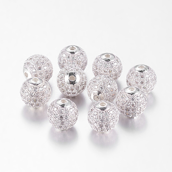 Brass Cubic Zirconia Beads, Round, Silver Color Plated, 10mm, Hole: 2mm