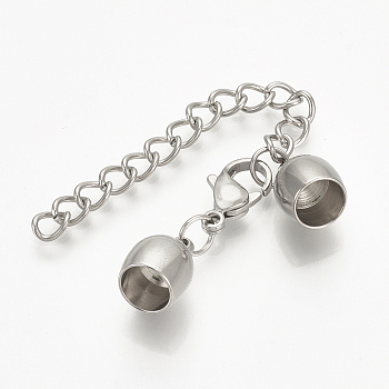 201 Stainless Steel Chain Extender, with Tube Cord Ends and Lobster Claw Claspss, Stainless Steel Color, 38mm long, Lobster: 12x7x3.5mm, Cord End: 10.5x6.5mm, 4mm Inner Diameter, Chain Extenders: 48~50mm