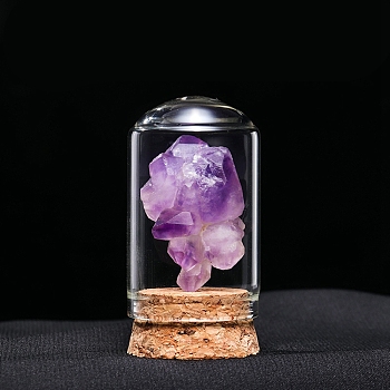 Raw Natural Amethyst Nuggets Ornaments, Glass & Wood Bell Jars Mineral Specimens Statues for Home Desktop Feng Shui Decoration, 55x35mm
