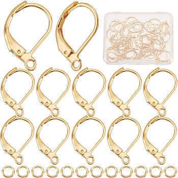 50Pcs 304 Stainless Steel Leverback Earring Findings, with Horizontal Loops & 50Pcs Rack Plating Brass Jump Rings, Real 24K Gold Plated, 15.5x10x1.5mm, Hole: 1.5mm