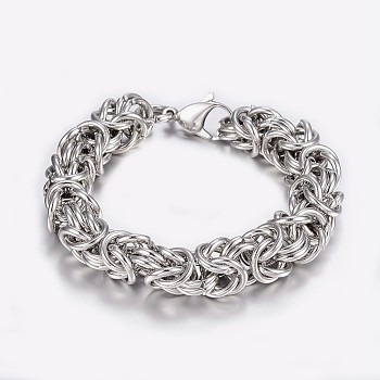 304 Stainless Steel Byzantine Chain Bracelets, with Lobster Claw Clasps, Stainless Steel Color, 7-7/8 inch(200mm), 11x11mm 