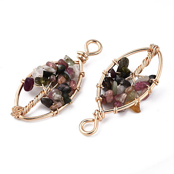 Natural Tourmaline Pendants, Golden Tone Brass Wire Wrapped, Tree, Oval, 40.5~44x17.5~19x6~7.5mm, Hole: 4mm