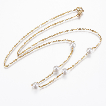304 Stainless Steel Pendant Necklaces, with Acrylic Pearl and Lobster Clasps, Golden, 19.6 inch(50cm)