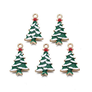 Rack Plating Alloy Enamel Pendants, Cadmium Free & Nickel Free & Lead Free, Light Gold, Christmas Tree, Dark Green, 26x15x3mm, Hole: 2mm