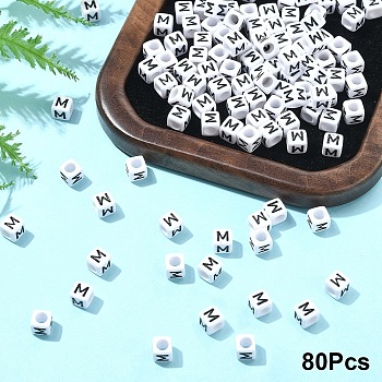 Acrylic Horizontal Hole Letter Beads, with Enamel, Cube, Letter M, 6x6x6mm, Hole: 3.2mm