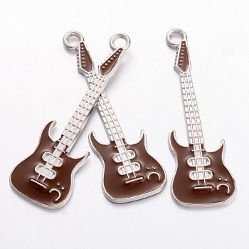 Alloy Enamel Pendants, Guitar, Lead Free and Cadmium Free, Coffee, Platinum, about 62mm long, 18.5mm wide, 2mm, thick, hole: 3mm