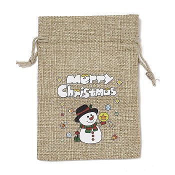 Christmas Printed Burlap Packing Pouches Drawstring Bags, Rectangle, Tan, Snowman, 14x10x0.01cm