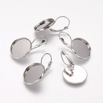 Brass Leverback Earring Findings, Round, Platinum, 20mm wide, 32mm long, Tray: 18mm, Pin: 0.8mm