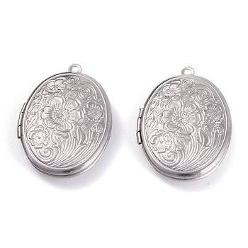 316 Stainless Steel Locket Pendants, Photo Frame Charms, Oval with Sakura, Stainless Steel Color, 33.5x23.5x6mm, Hole: 1.8mm, Inner Diameter: 23x16mm
