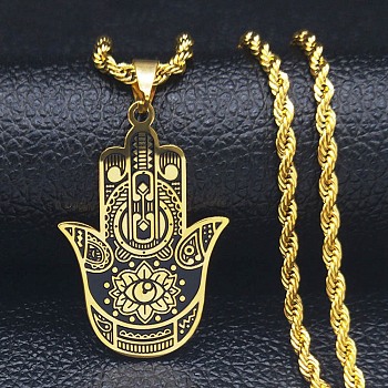 304 Stainless Steel Enamel Necklaces, Hamsa Hand with Eye, Golden, 24.02 inch(61cm)