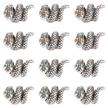 12Pcs 2 Colors Alloy European Beads, Large Hole Beads, with Rhinestone, Snake, Antique Silver, Mixed Color, 14x9~10mm, Hole: 4.3mm, 6pcs/color