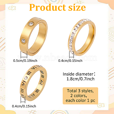 6Pcs 6 Style 201 Stainless Steel Hollow Roman Numerals Finger Ring Set with Rhinestone(RJEW-AN0001-21)-2