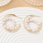 Brass with Plastic Pearls Stud Earrings, Half Hoop Earrings, Real 14K Gold Plated, 33x33x9mm(KK-CBAD851-24G)